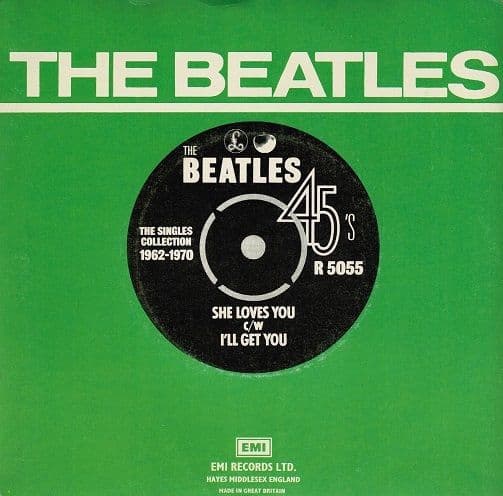 THE BEATLES She Loves You Vinyl Record 7 Inch Parlophone 1976 45rpm Green Picture Sleeve 4-Prong