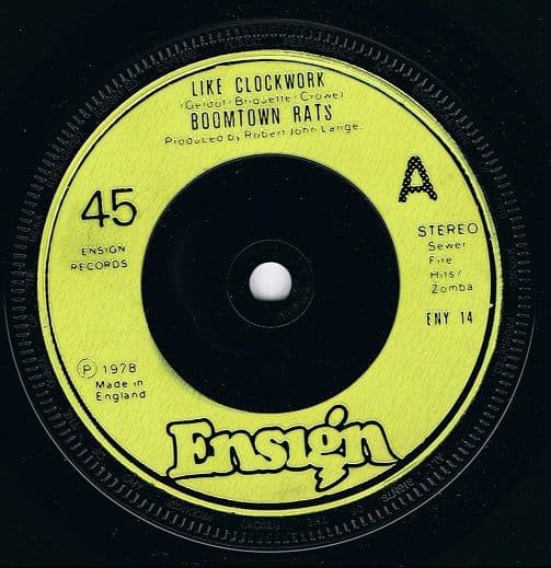 THE BOOMTOWN RATS Like Clockwork Vinyl Record 7 Inch Ensign 1978