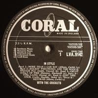 THE CRICKETS In Style With The Crickets Vinyl Record LP Coral 1960