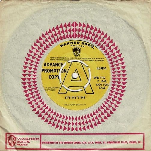 THE EVERLY BROTHERS It's My Time Vinyl Record 7 Inch Warner Bros. 1968 Advance Promo WB 7192 KT Demo