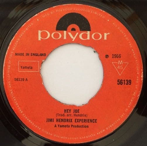 THE JIMI HENDRIX EXPERIENCE Hey Joe Vinyl Record 7 Inch Polydor 1966 Single 56139 Mono Pressing 45