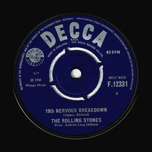 THE ROLLING STONES 19th Nervous Breakdown Vinyl Record 7 Inch Decca 1966.