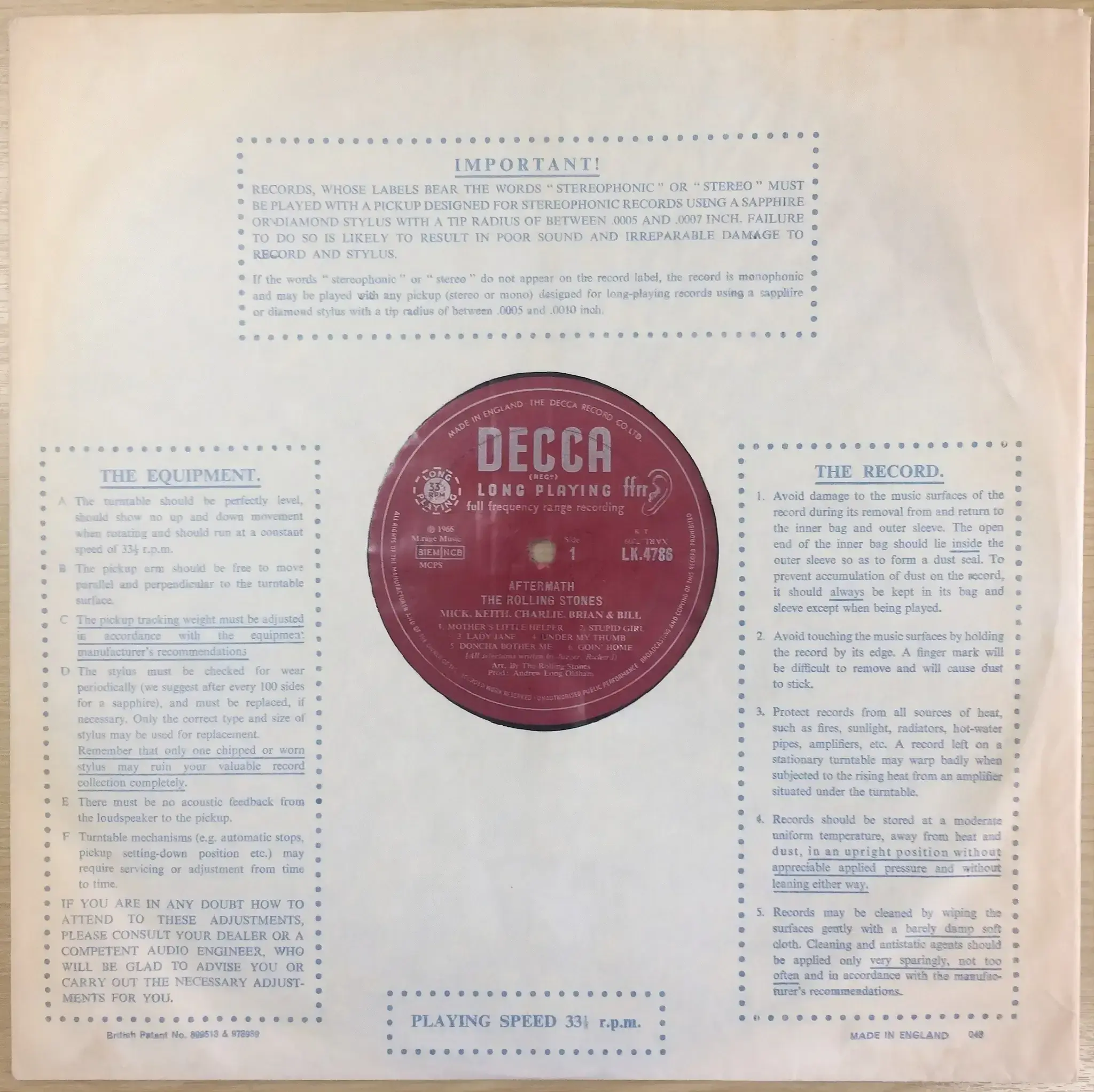 THE ROLLING STONES Aftermath Vinyl Record LP Decca 1966 Mono UK