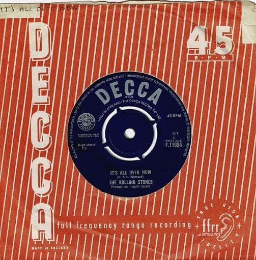 THE ROLLING STONES It's All Over Now Vinyl Record 7 Inch Decca 1964.
