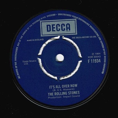 THE ROLLING STONES It's All Over Now Vinyl Record 7 Inch Decca 45rpm Single F 11934 4-Prong Reissue