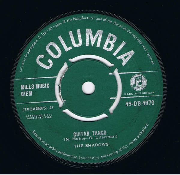 THE SHADOWS Guitar Tango Vinyl Record 7 Inch Columbia 1962
