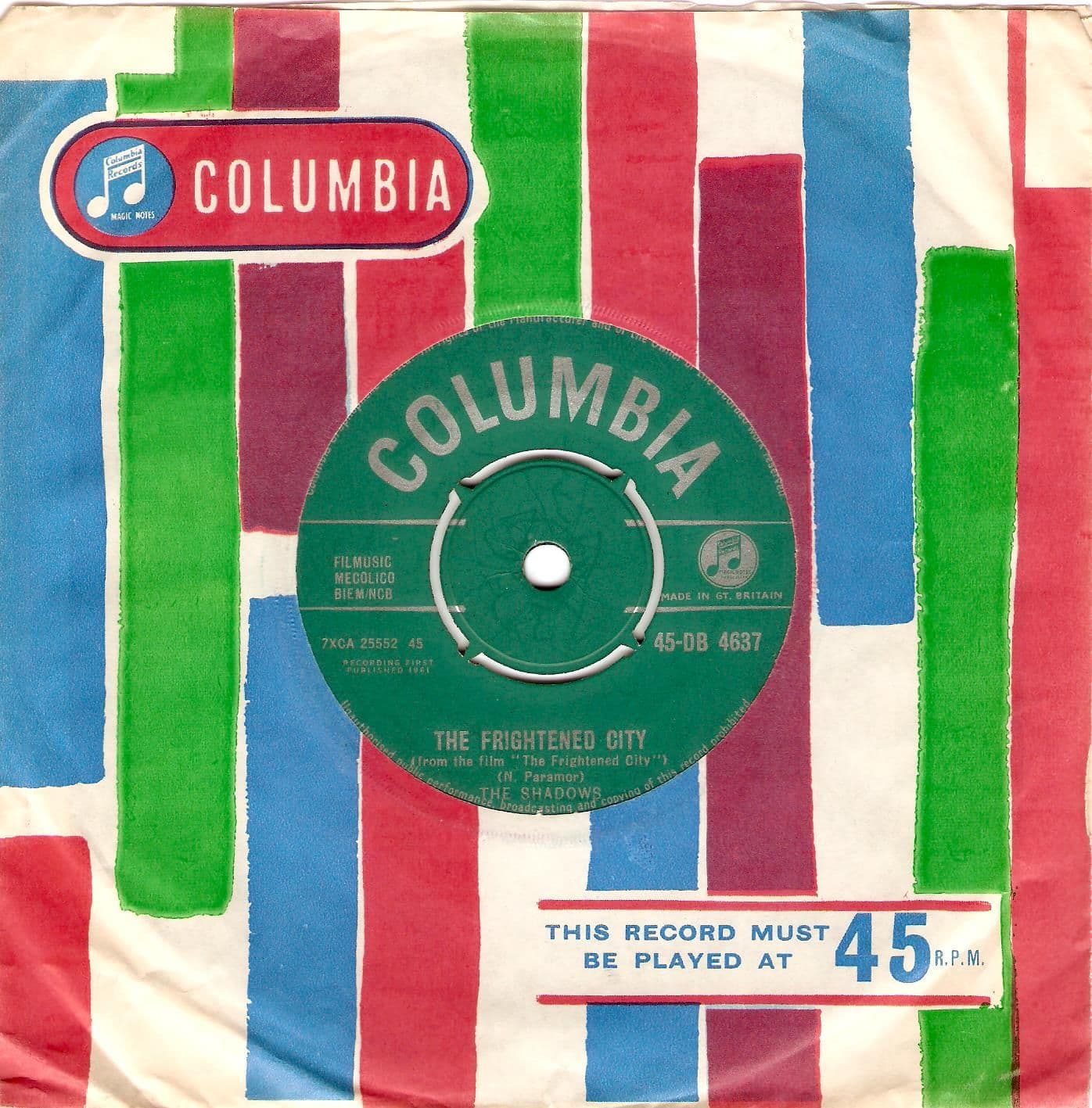 THE SHADOWS The Frightened City Vinyl Record 7 Inch Columbia 1961