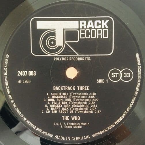 THE WHO / JIMI HENDRIX Backtrack 3 Vinyl Record LP Track 1970
