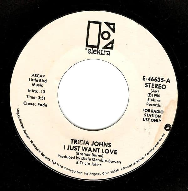 TRICIA JOHNS I Just Want Love Vinyl Record 7 Inch US Elektra 1980 Promo