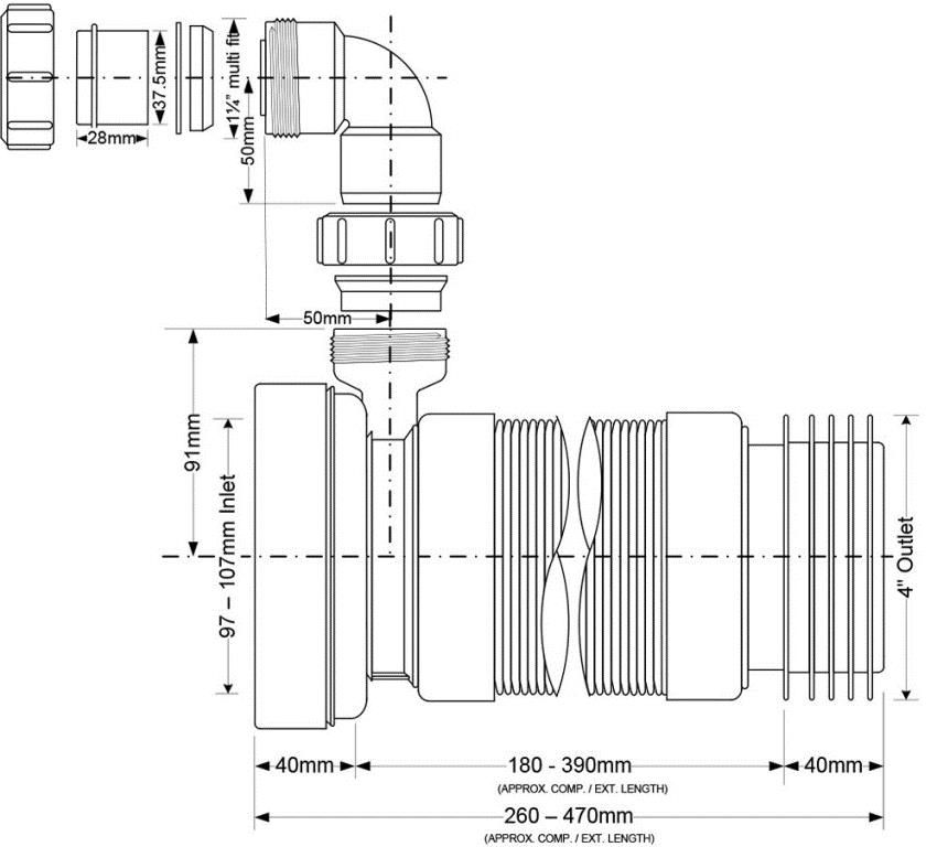 McAlpine Long 380mm Flexible WC Pan Connector with Basin Inlet