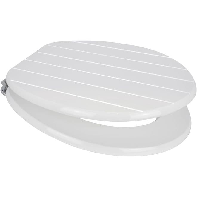 White Grooved MDF Wood Toilet Seat Chrome Hinge - 02000013