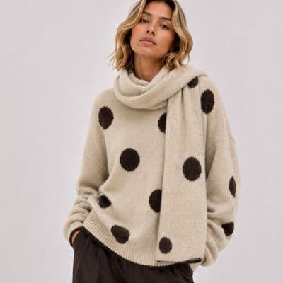 Beige & Brown Polka Dot Jumper & Matching Scarf Set