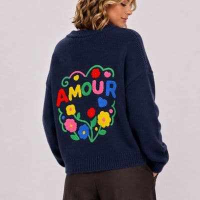 Floral Embroidered Navy Blue Jumper