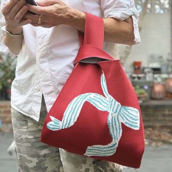 Knitted Red Bag with Blue Bow < Fashion Accessories I Plum & Ivory Ltd