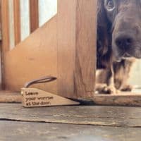 Leave Your Worries At The Door Wooden Door Stop < Gorgeous Gifts I Plum & Ivory Ltd