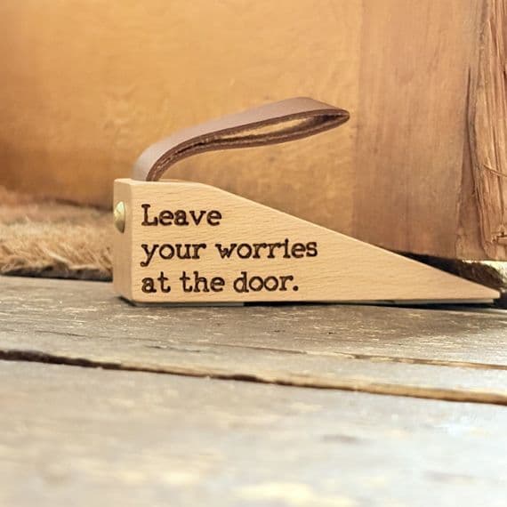 Leave Your Worries At The Door Wooden Door Stop < Gorgeous Gifts I Plum & Ivory Ltd