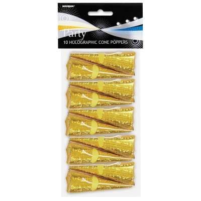 10 Gold Cone Party Poppers