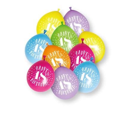 10 'Happy 18th Birthday' 9" Assorted Colour Balloons