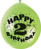 10 'Happy 2nd Birthday' 9" Assorted Colour Balloons