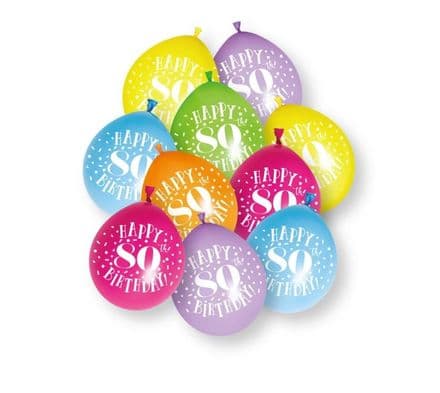 10 'Happy 80th Birthday' 9" Assorted Colour Balloons