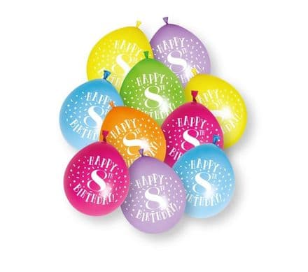 10 'Happy 8th Birthday' 9" Assorted Colour Balloons