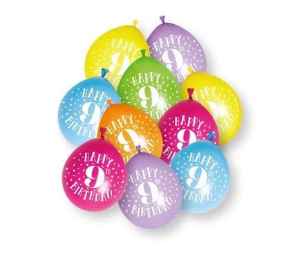 10 'Happy 9th Birthday' 9" Assorted Colour Balloons