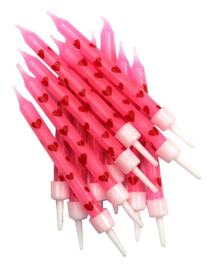 12 Pink Candles with Red Hearts
