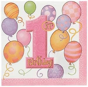 16 1st Birthday Pink Balloons Theme Paper Party Napkins