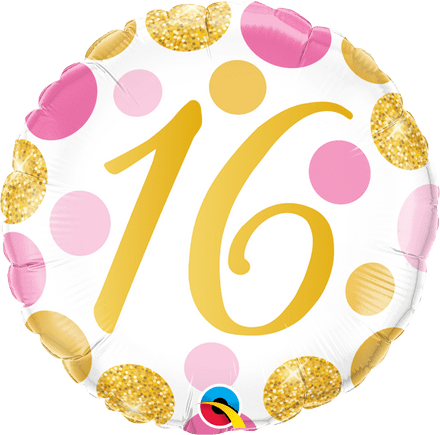 16th Gold & Pink Dots Foil Balloon
