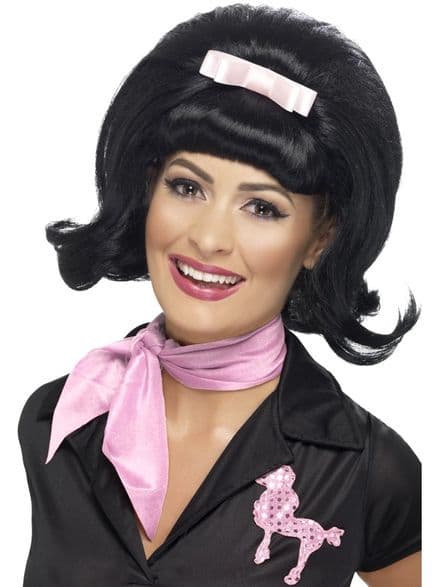 1950's Flicked Beehive Wig In Black With Pink Bow