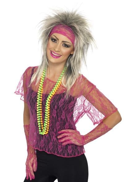 1980's Neon Pink Lace Net Vest Set