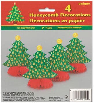 4 Golden Christmas Tree Honeycomb Decorations