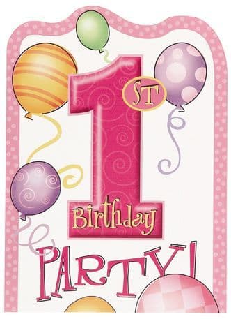 8 1st Birthday Pink Balloons Theme Party Invites