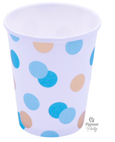 8 Blue & Gold Dots Paper Party Cups 250ml