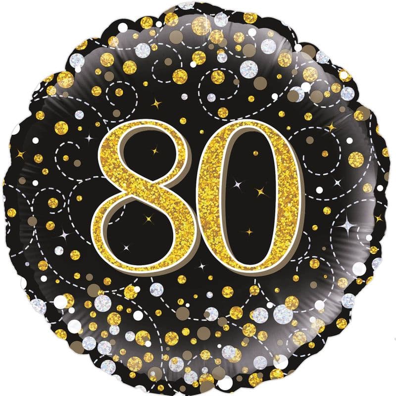 80th Birthday Sparkle Fizz Black & Gold Foil Balloon