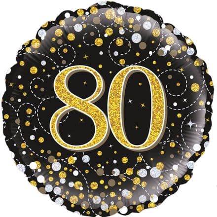 80th Birthday Sparkle Fizz Black & Gold Foil Balloon