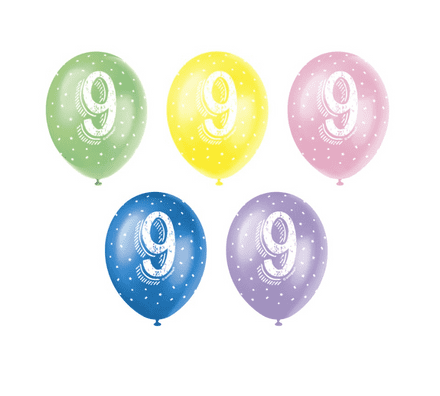 Age 9 Assorted Colour Balloons 5 Pack