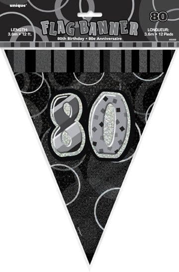 Black Glitz '80th' Birthday Flag Banner