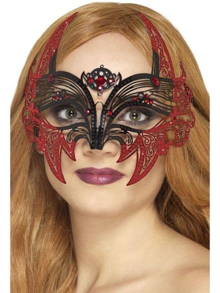 Black Metal Filigree Eyemask with Red Glitter