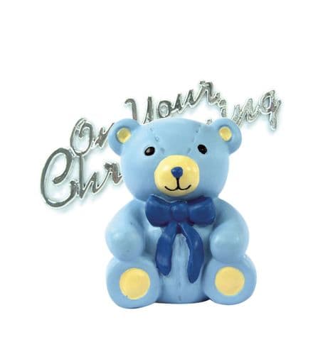 Blue Teddy Bear Resin Topper with Christening Motto