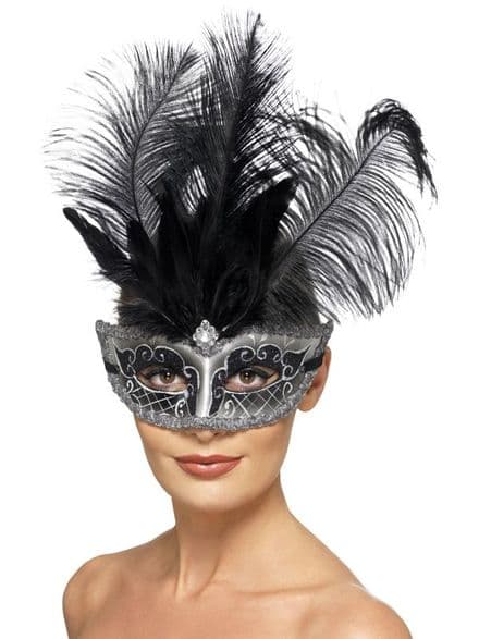 Grey Venetian Eye Mask With Black Feathers