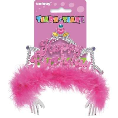 Happy Birthday Tiara with Pink Feathers
