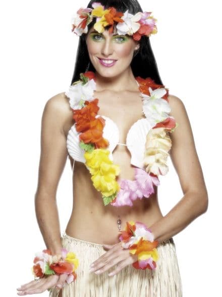 Multi- Coloured Hawaiian Flower Lei Set