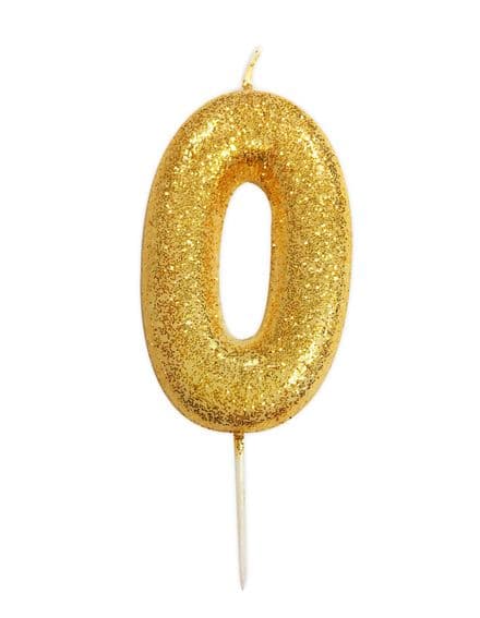 Number 0 Gold Glitter Candle