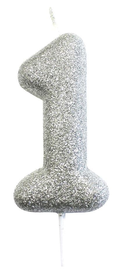 Number 1 Silver Glitter Candle