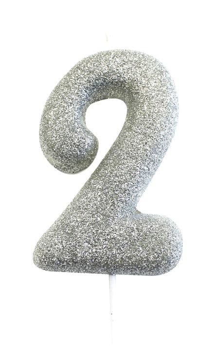 Number 2 Silver Glitter Candle