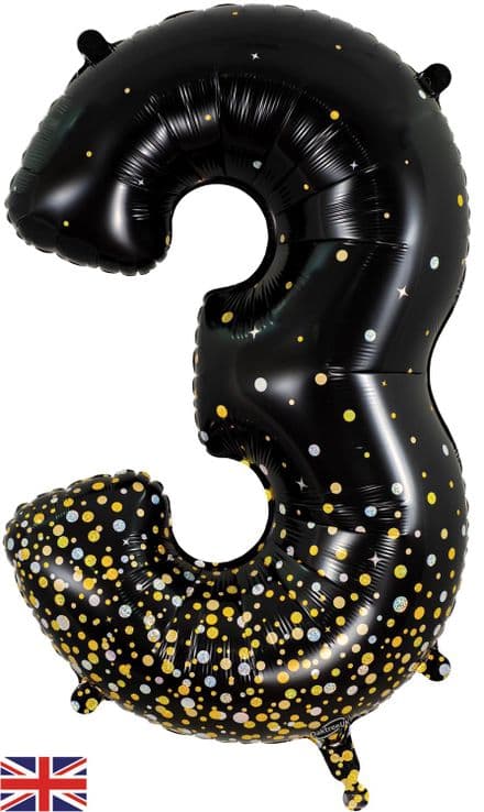 Number 3 Black & Gold Super Shape Number Foil Balloon