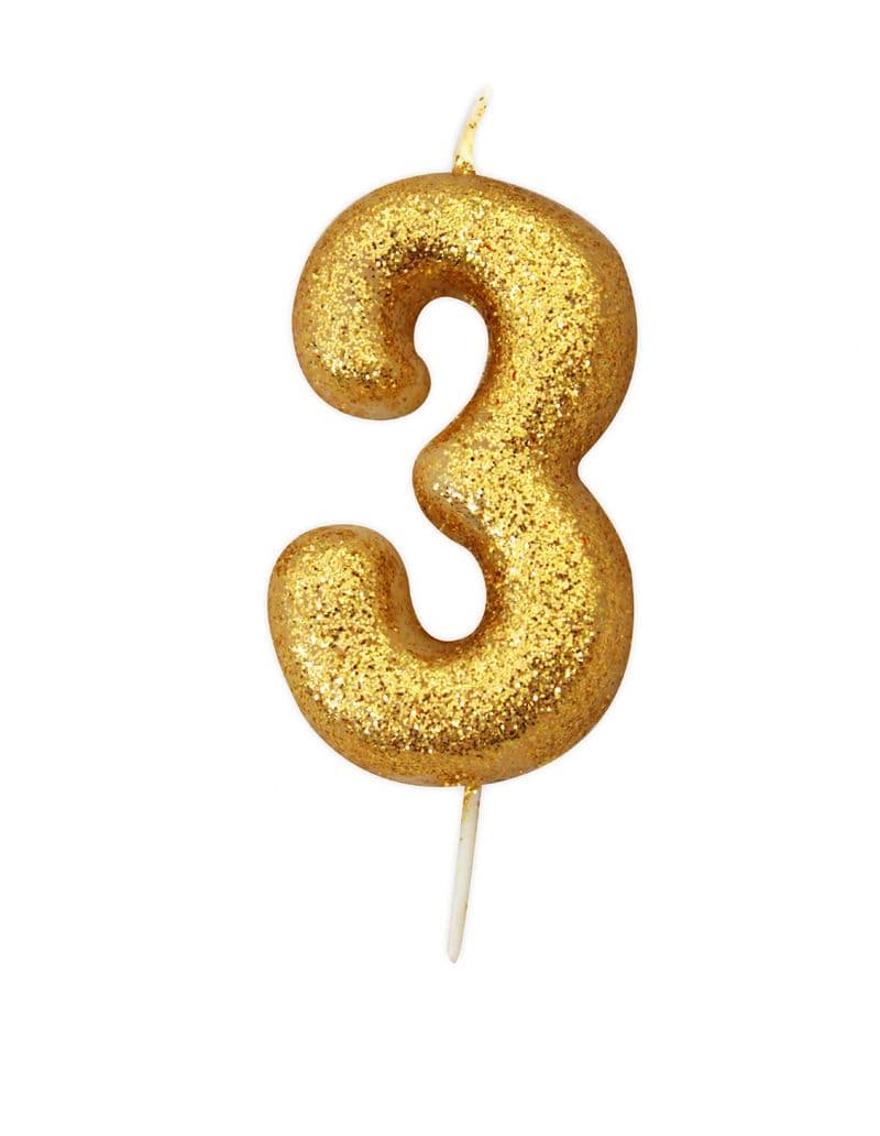 Number 3 Gold Glitter Candle