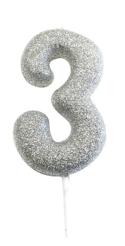 Number 3 Silver Glitter Candle