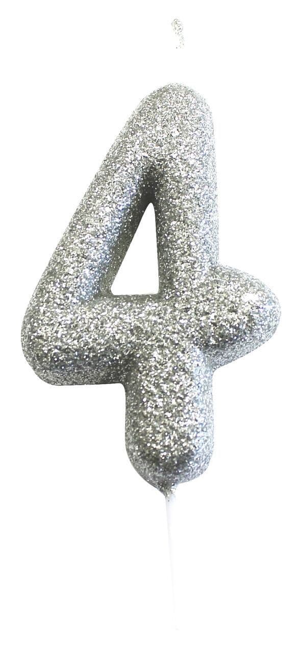 Number 4 Silver Glitter Candle